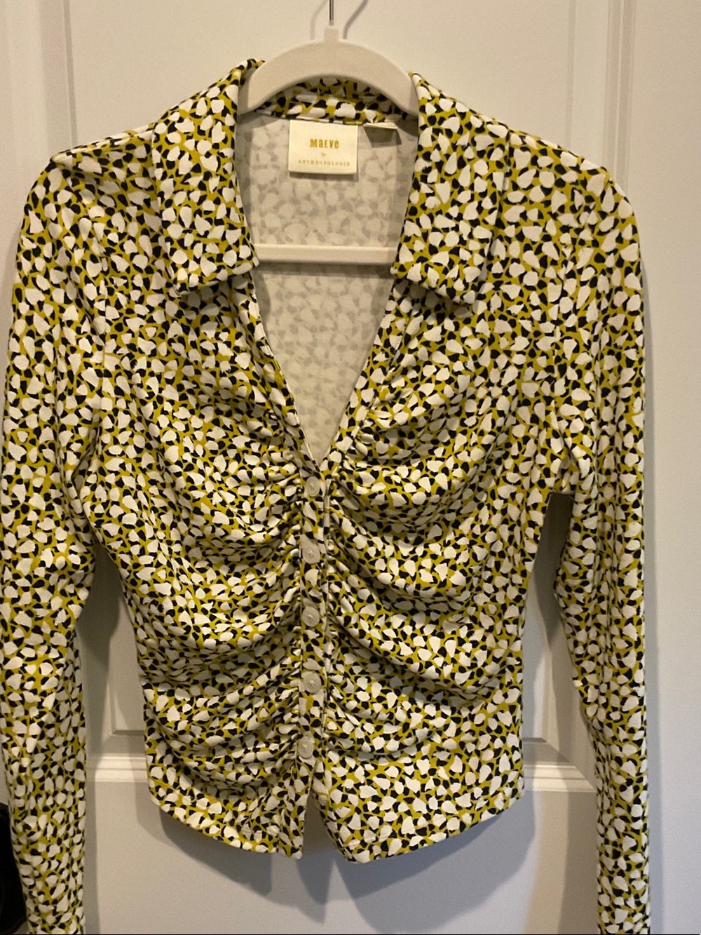Anthropologie Yellow and White Ruched Button-Front Shirt